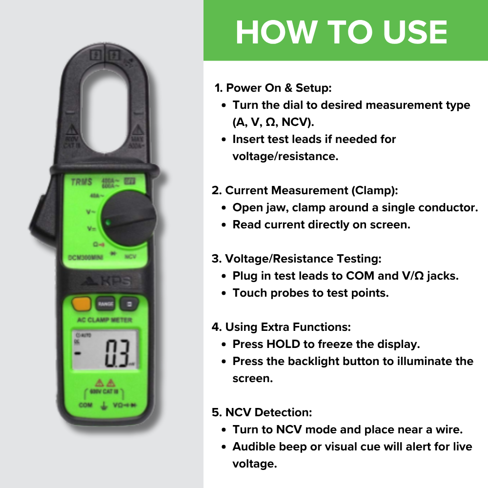 KPS DCM300MINI Clamp Meter – 400A AC with NCV, Auto Range & Compact Design