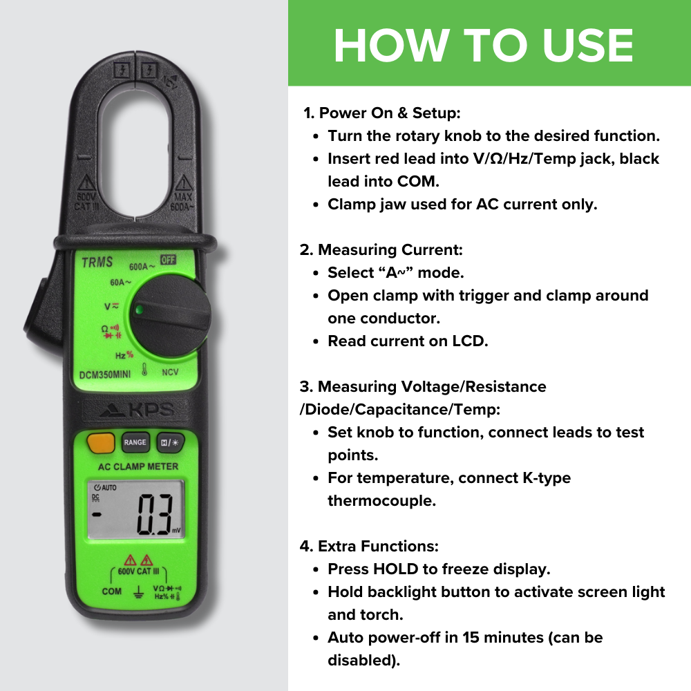 KPS DCM350MINI Clamp Meter – 600A AC with Backlit LCD, Data Hold & NCV