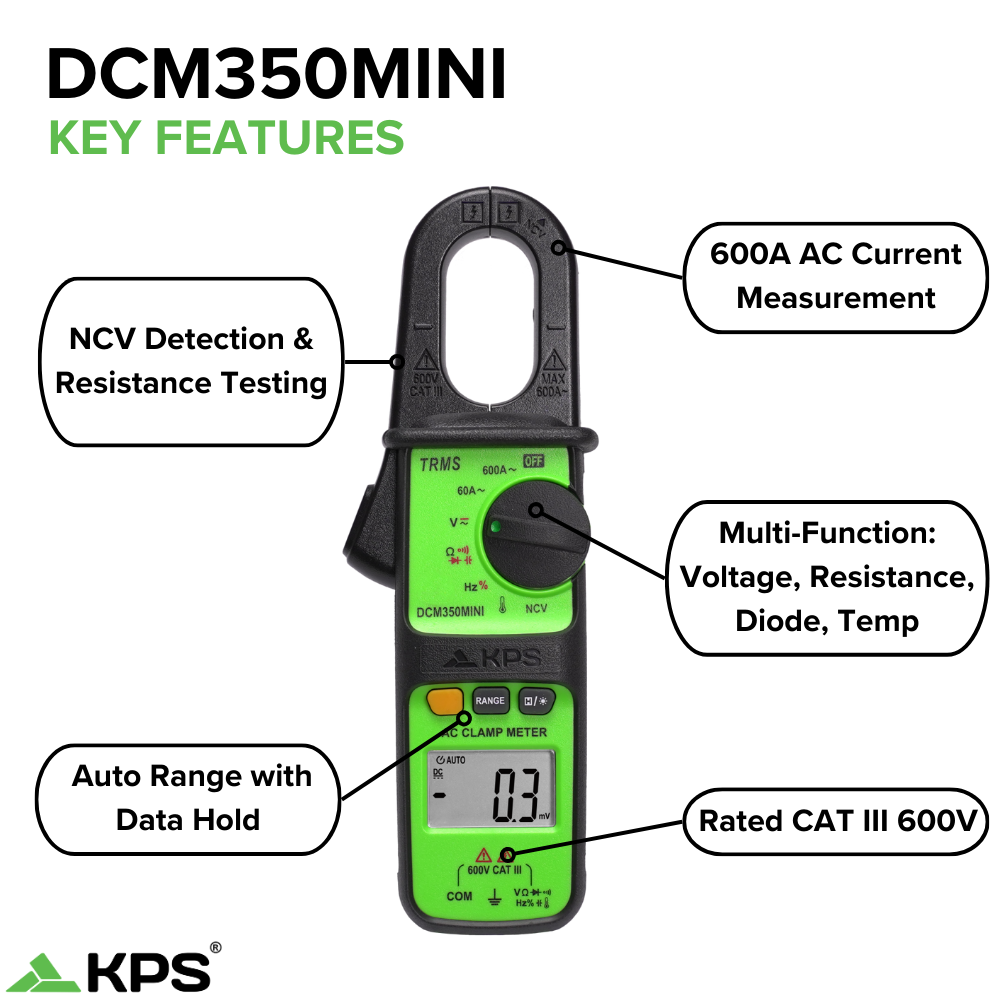 KPS DCM350MINI Clamp Meter – 600A AC with Backlit LCD, Data Hold & NCV