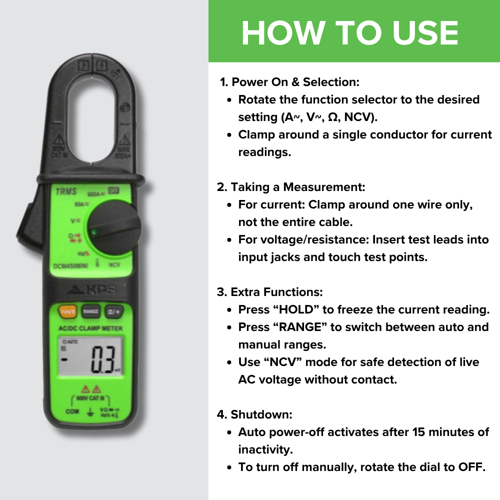 KPS DCM450MINI TRMS Clamp Meter – 600A AC with NCV, 6000-Count Display & Backlight