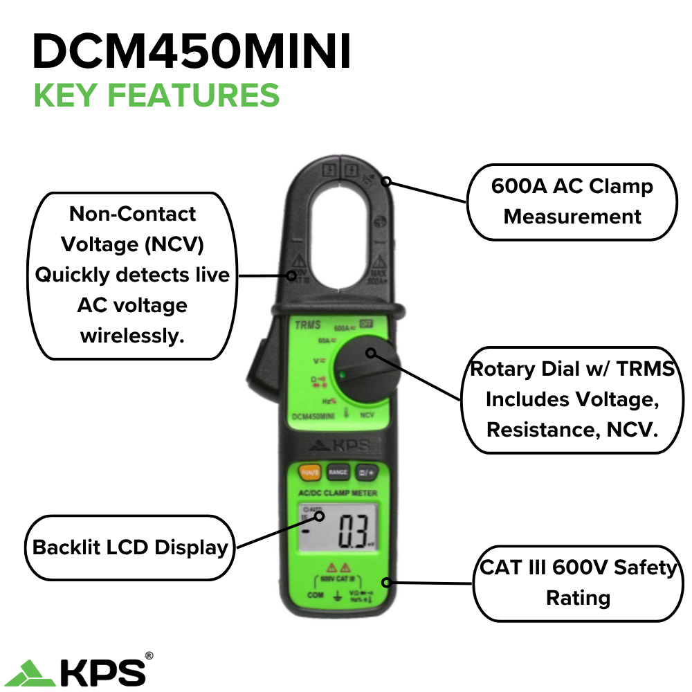 KPS DCM450MINI TRMS Clamp Meter – 600A AC with NCV, 6000-Count Display & Backlight