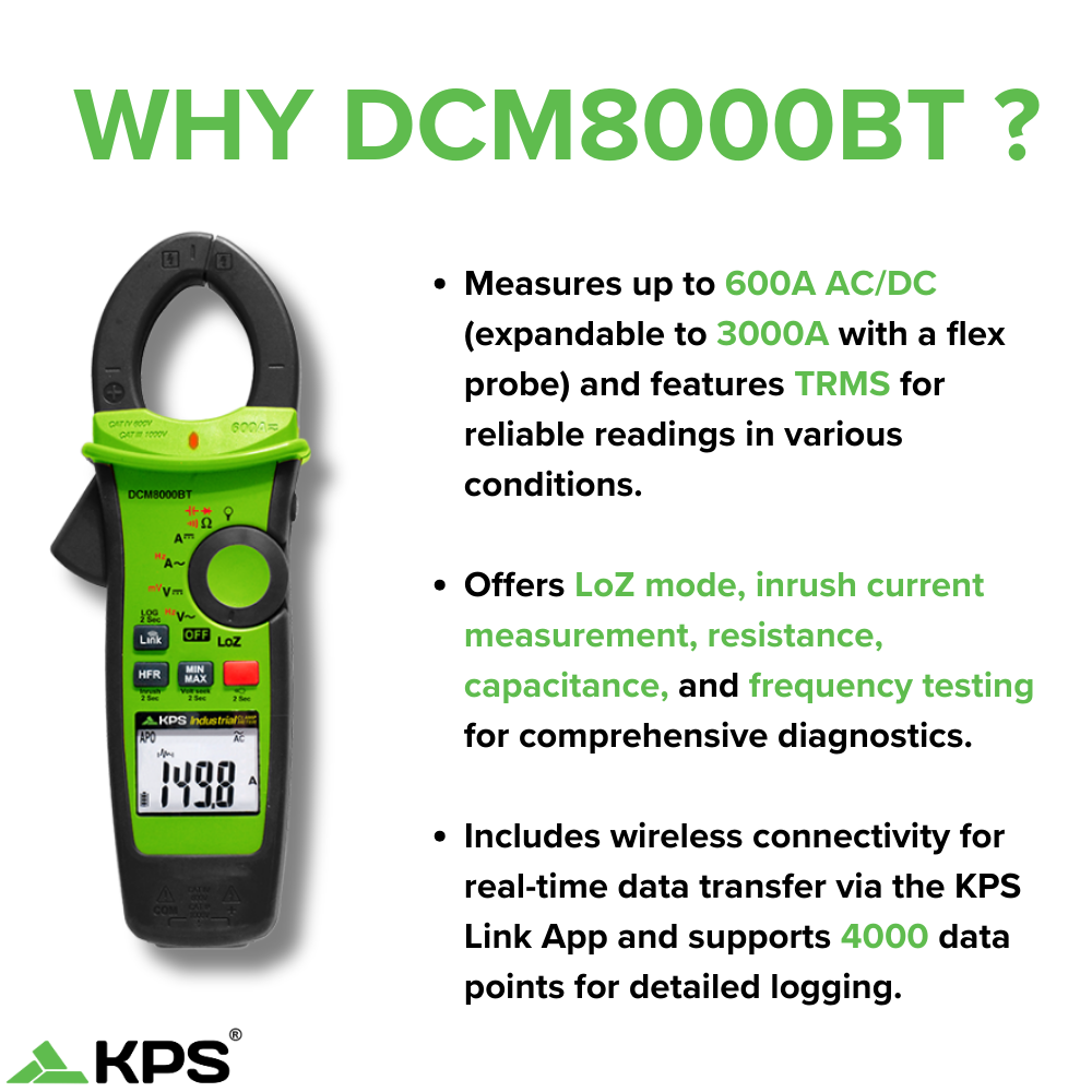 KPS DCM8000BT Pinza amperimétrica industrial de verdadero valor eficaz CA/CC