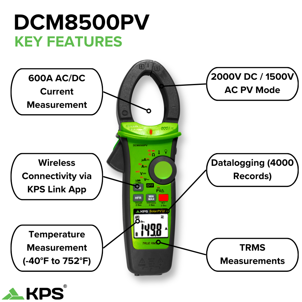 Pinza amperimétrica solar KPS DCM8500PV para voltaje CA/CC y corriente CA/CC
