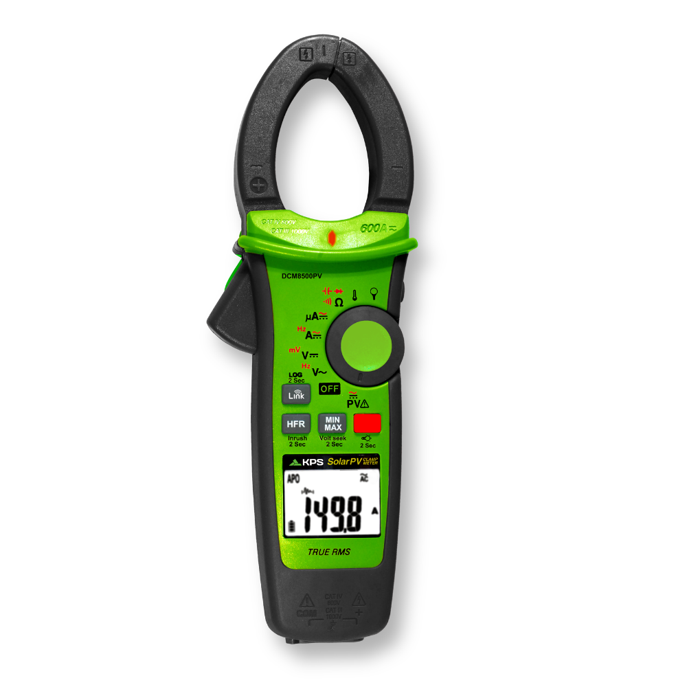 Pinza amperimétrica solar KPS DCM8500PV para voltaje CA/CC y corriente CA/CC