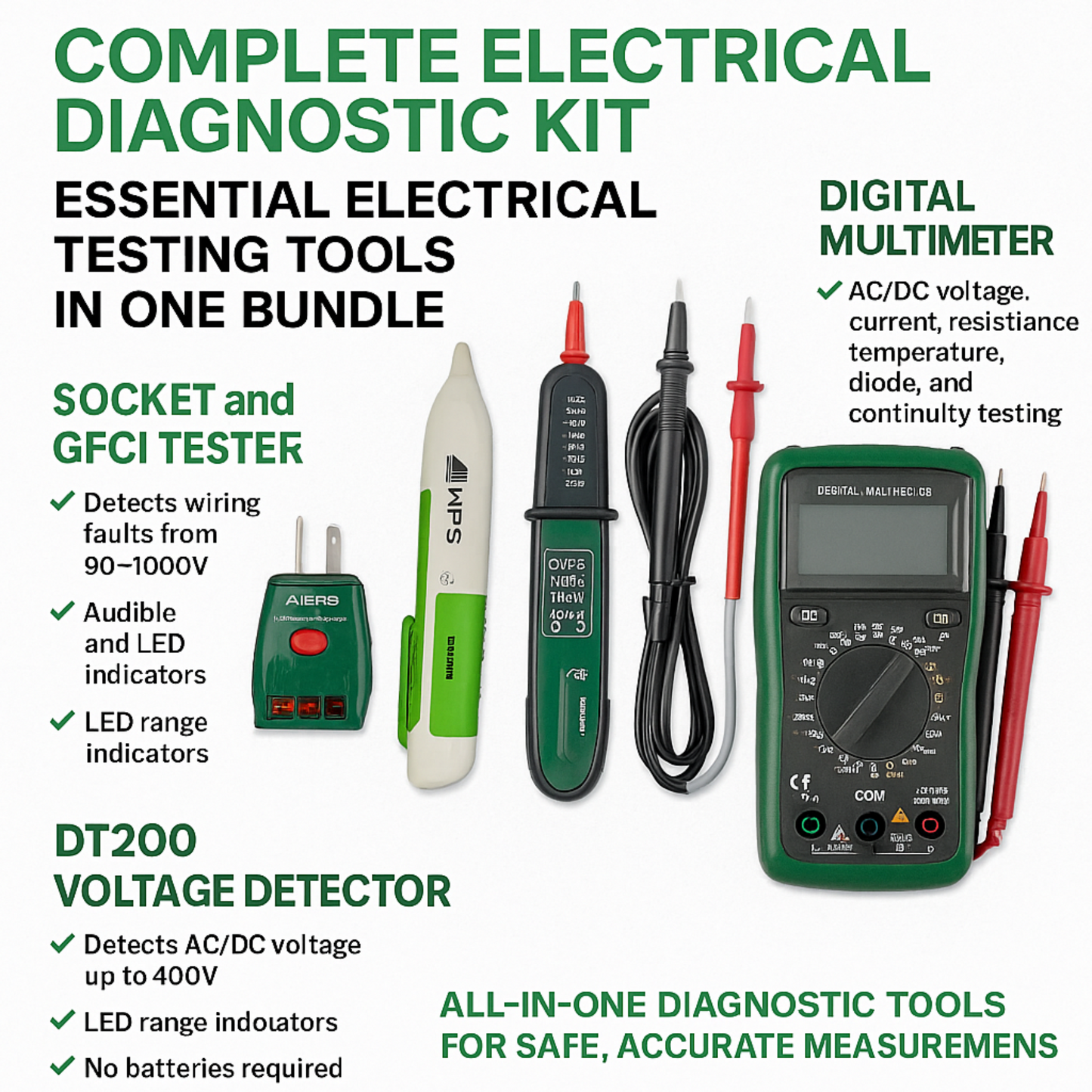 KPS Essential Electrical Tester Bundle – Includes Digital Multimeter, Non-Contact Voltage Detectors, and Socket Tester