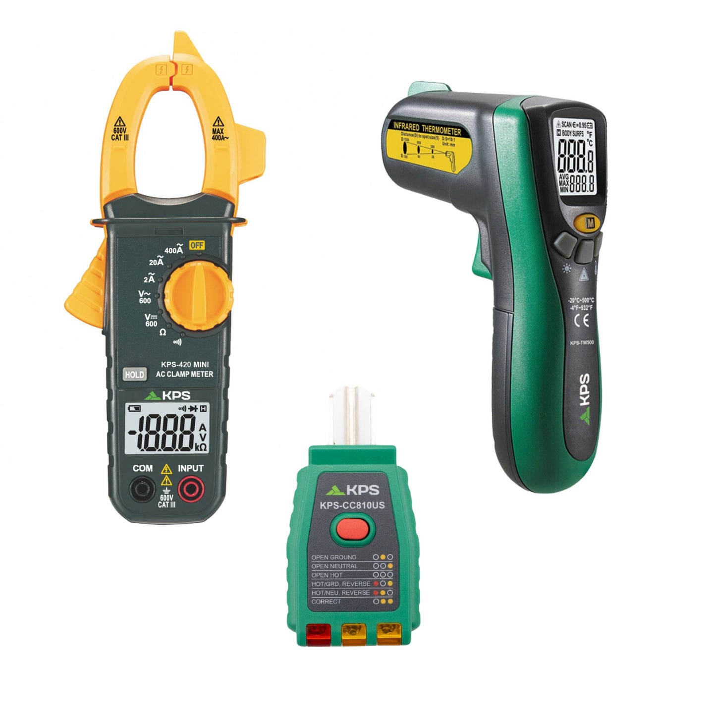 KPS 3-Piece Bundle with Non-Contact Thermometer, Mini Clamp Meter, and GCFI Socket Tester