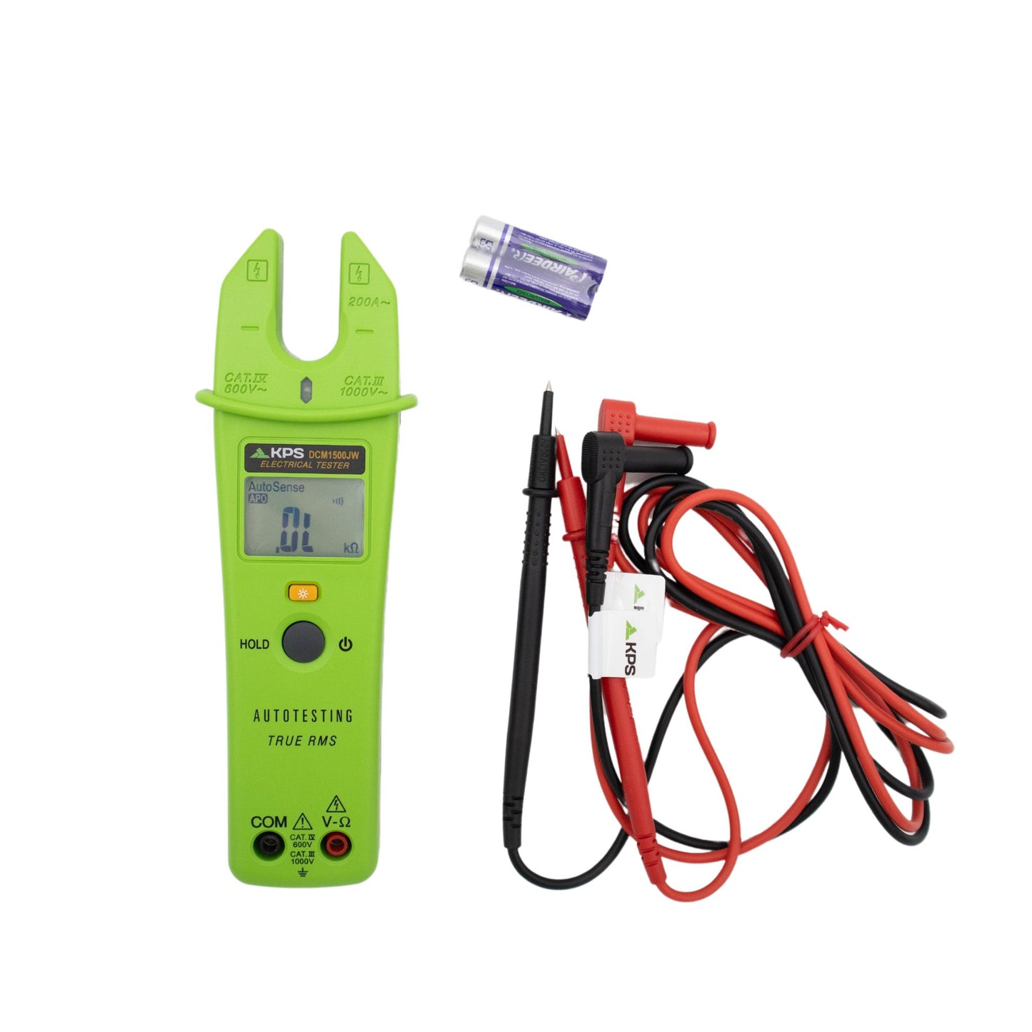 KPS DCM1500JW Open Jaw, TRMS Clamp Meter, 1000V AC/DC voltage measurement and 200A AC current measurement with resistance, diode, continuity, and non-contact voltage detection