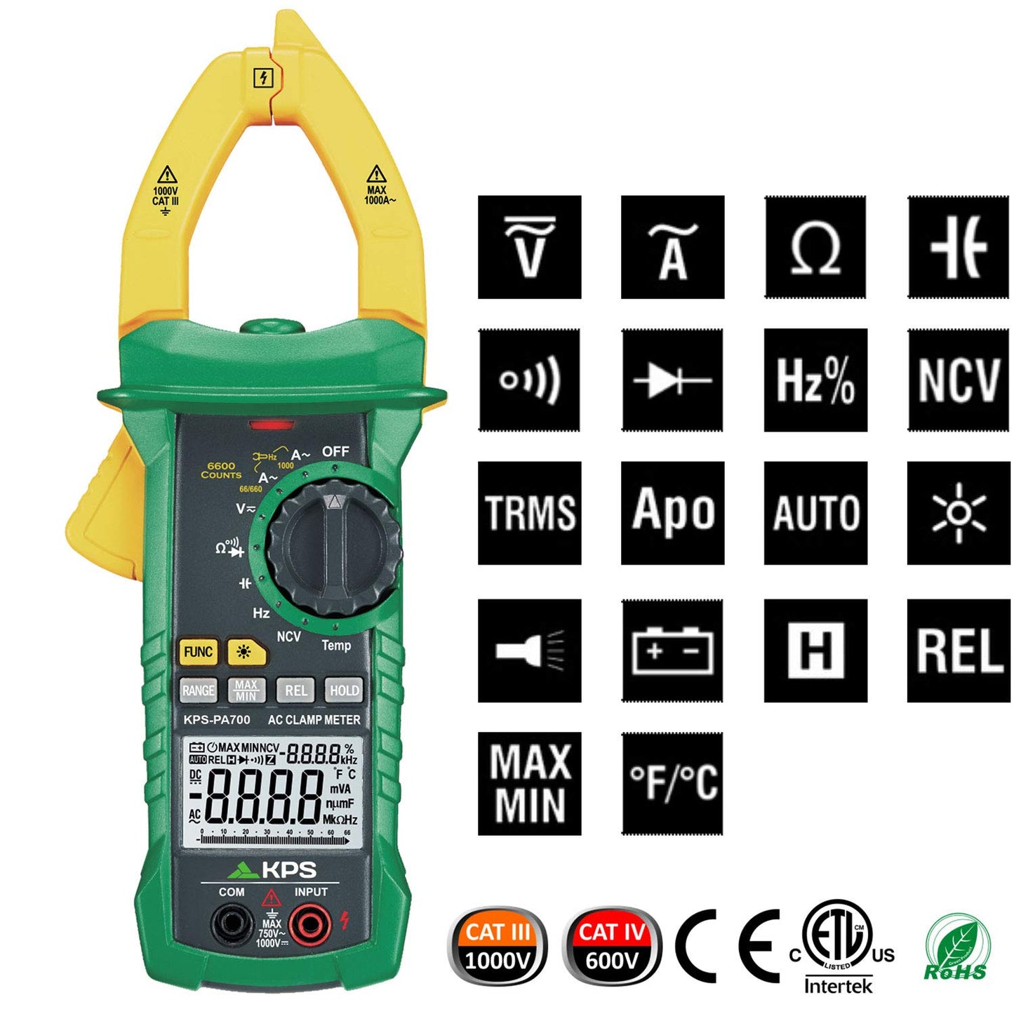 KPS PA700 Pinza amperimétrica digital industrial de verdadero valor eficaz para voltaje CA/CC y corriente CA