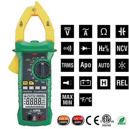 KPS PA700 Pinza amperimétrica digital industrial de verdadero valor eficaz para voltaje CA/CC y corriente CA