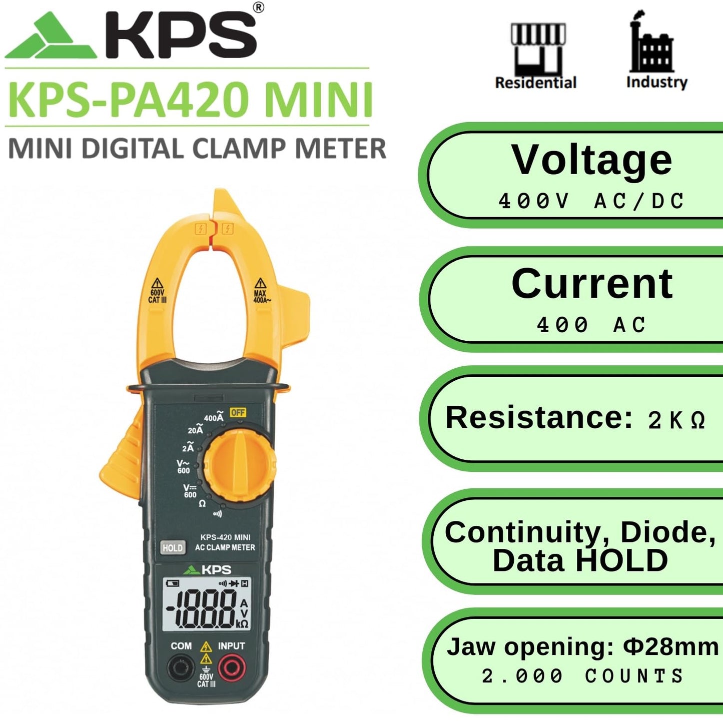 KPS PA420 Mini pinza amperimétrica digital para voltaje CA/CC y corriente CA