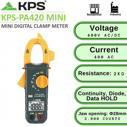 KPS PA420 Mini pinza amperimétrica digital para voltaje CA/CC y corriente CA