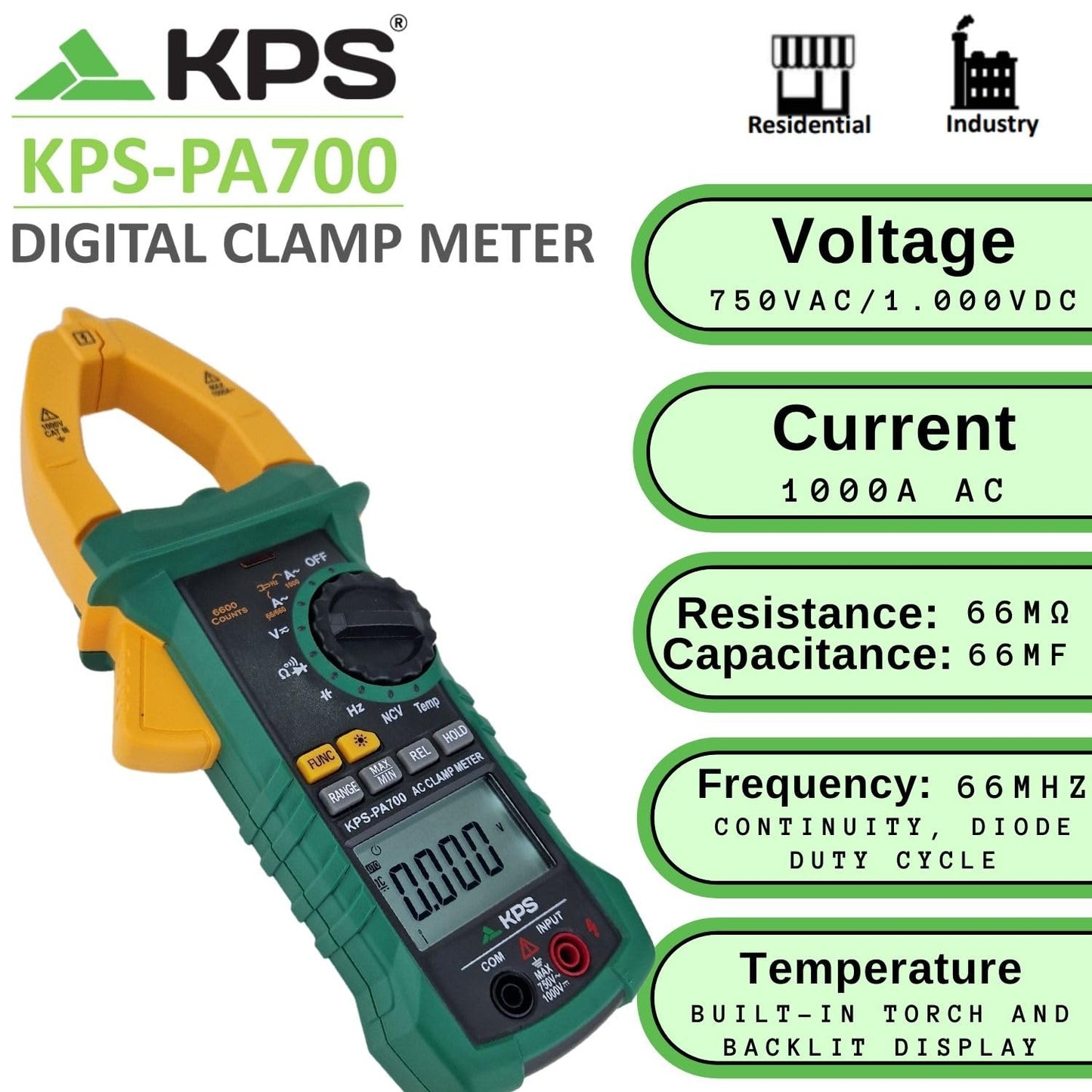KPS PA700 Pinza amperimétrica digital industrial de verdadero valor eficaz para voltaje CA/CC y corriente CA