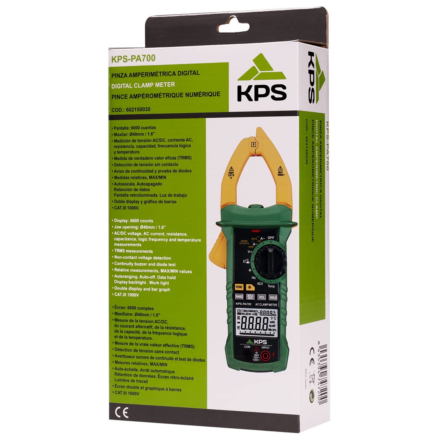 KPS PA700 Pinza amperimétrica digital industrial de verdadero valor eficaz para voltaje CA/CC y corriente CA