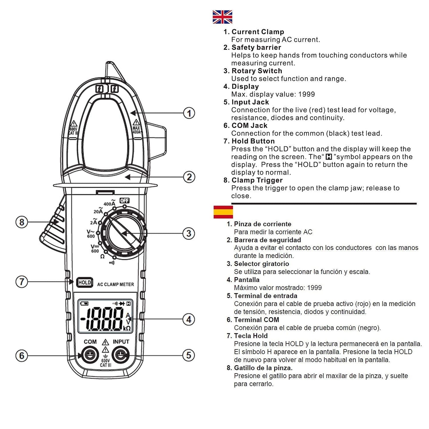 KPS PA420 Mini pinza amperimétrica digital para voltaje CA/CC y corriente CA