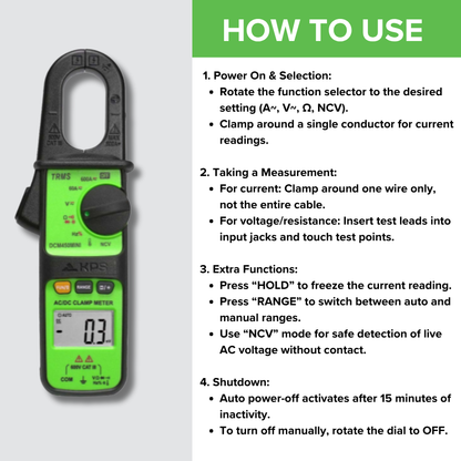 KPS DCM450MINI TRMS Clamp Meter – 600A AC with NCV, 6000-Count Display & Backlight